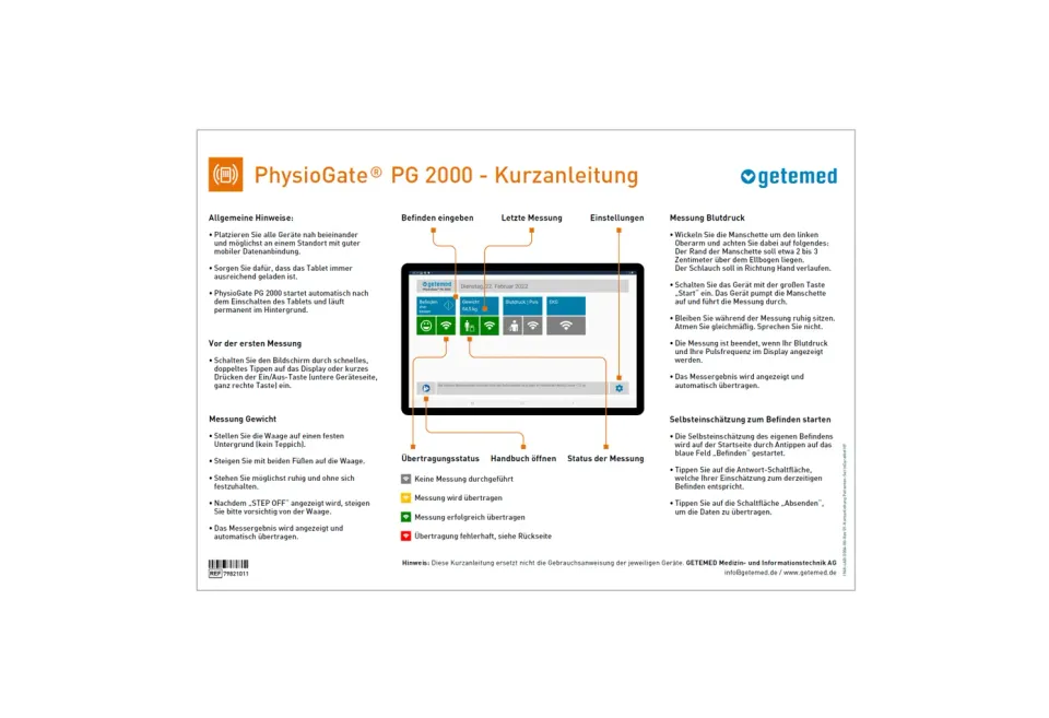 GETEMED PhysioGate® PG 2000 Kurzanleitung Deutsch laminiert